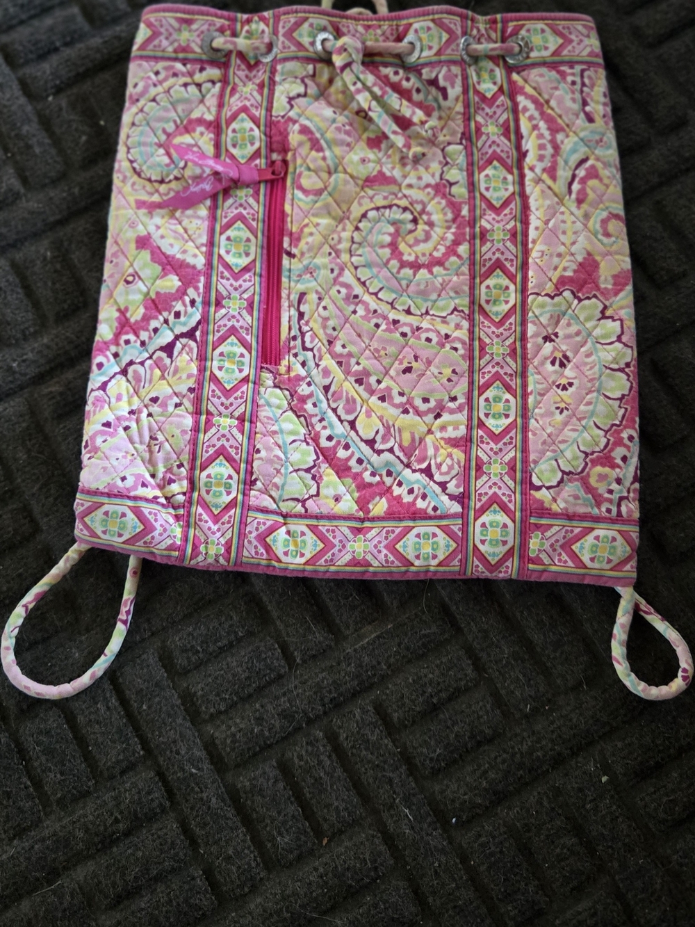 Quilted Pink Paisley Drawstring Tote Bag